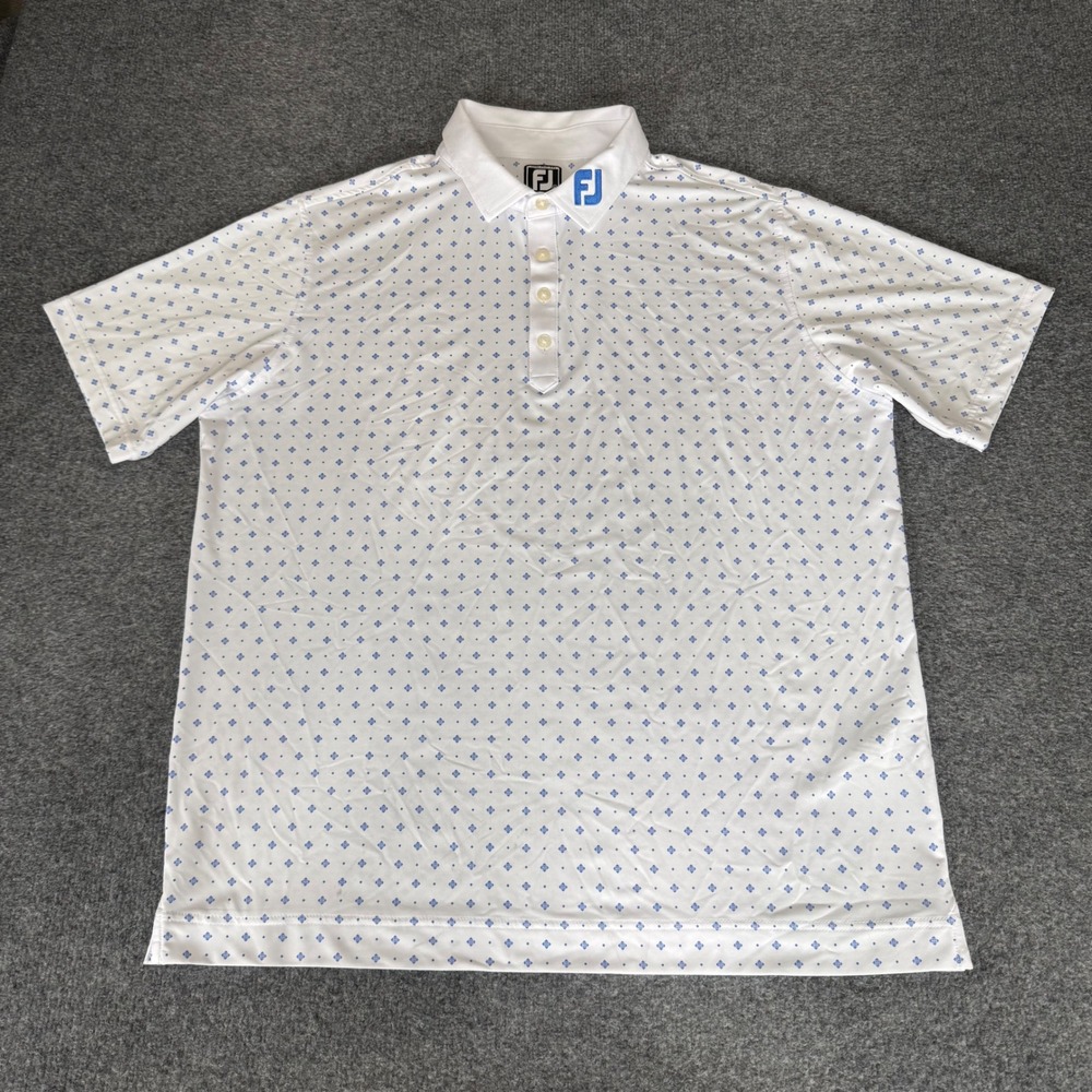 FootJoy Mens XL Athletic Fit White Blue Diamond Print Golf Polo Shirt Stretch